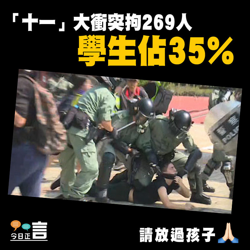 「十一」大衝突拘269人 學生佔35%
