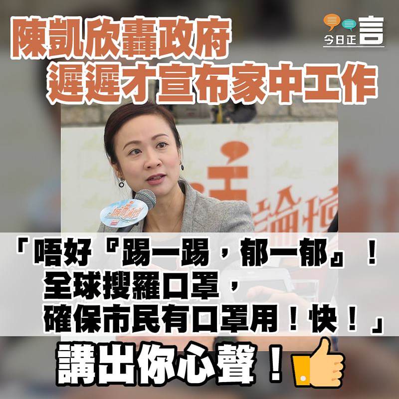 陳凱欣轟政府遲遲才宣布家中工作 「唔好『踢一踢，郁一郁』」