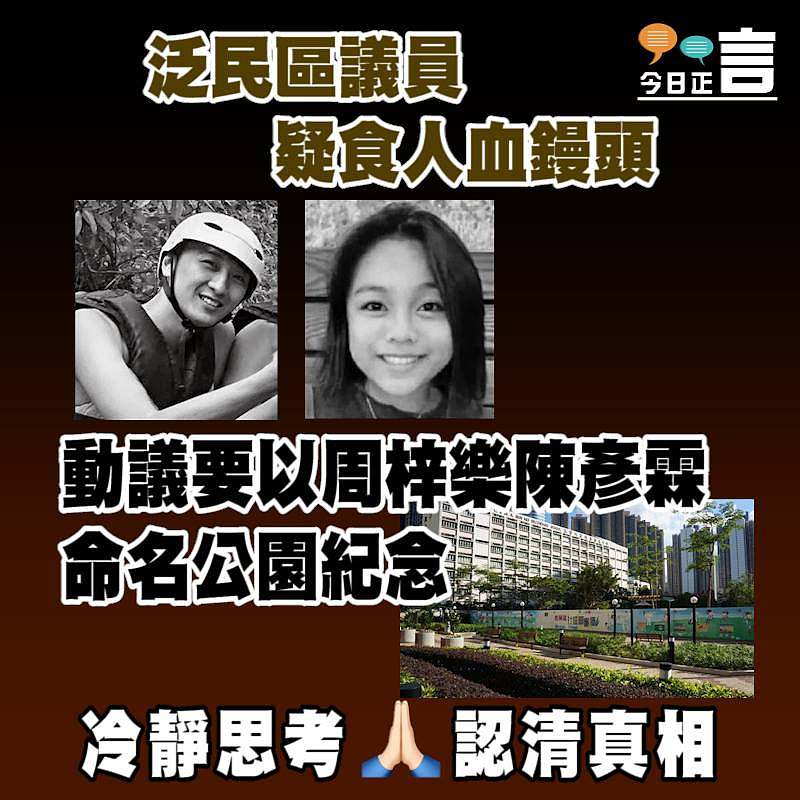 泛民區議員疑食人血鏝頭 動議要以周梓樂陳彥霖命名公園紀念