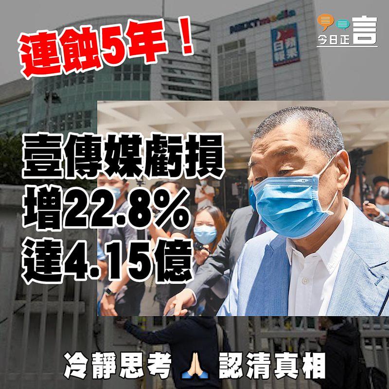 連蝕5年！壹傳媒虧損增22.8%達4.15億