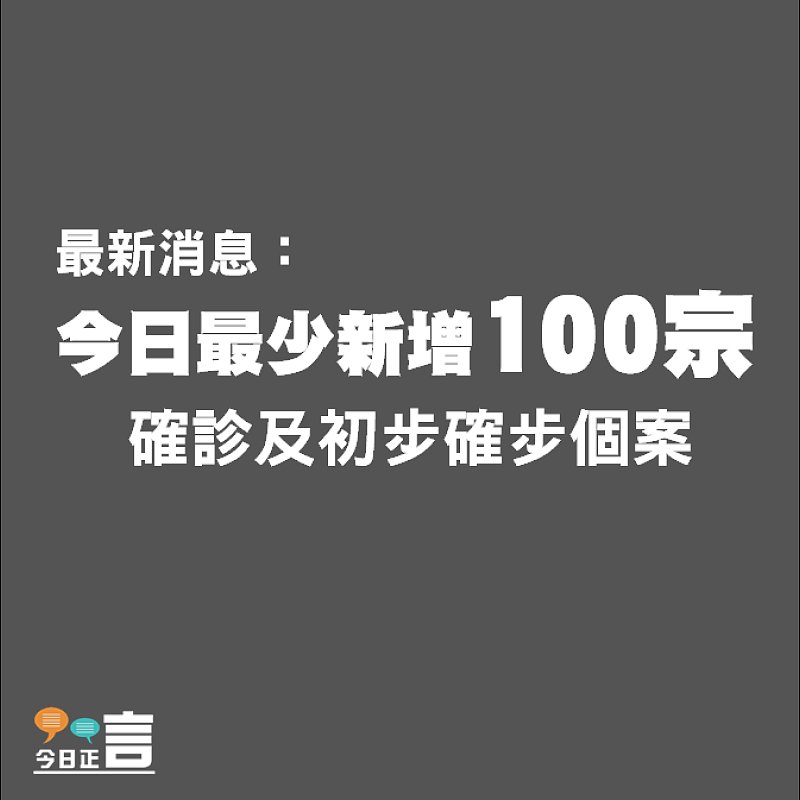 最新消息：今日最少新增100宗確診及初步確步個案