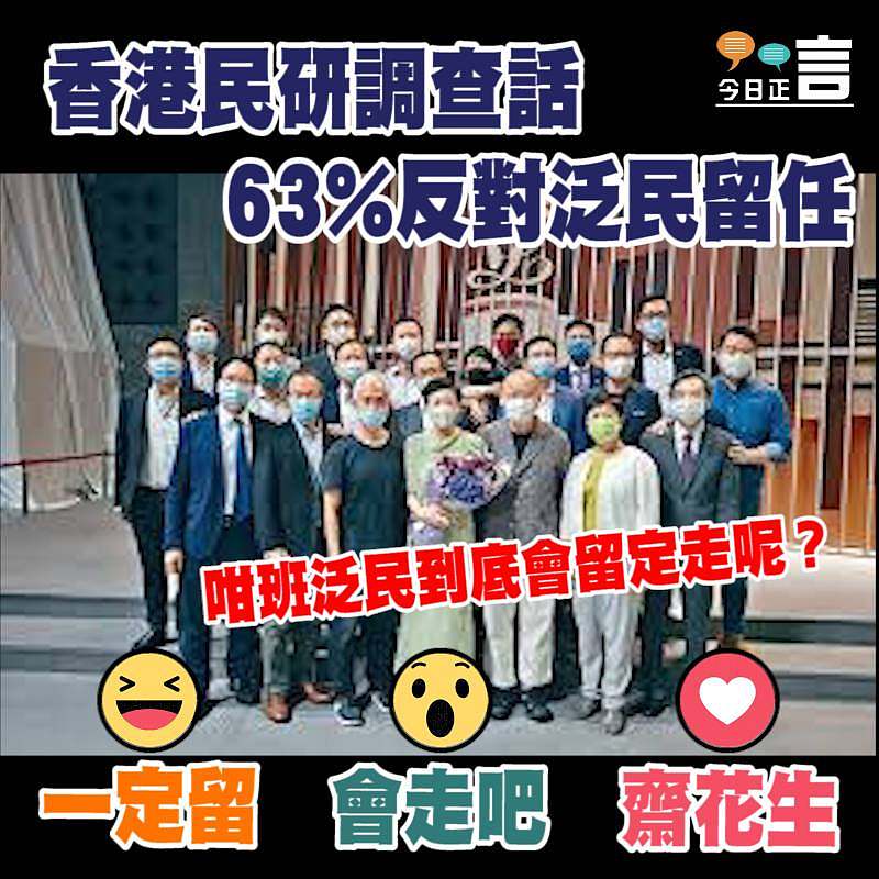 香港民研調查話63%反對泛民留任