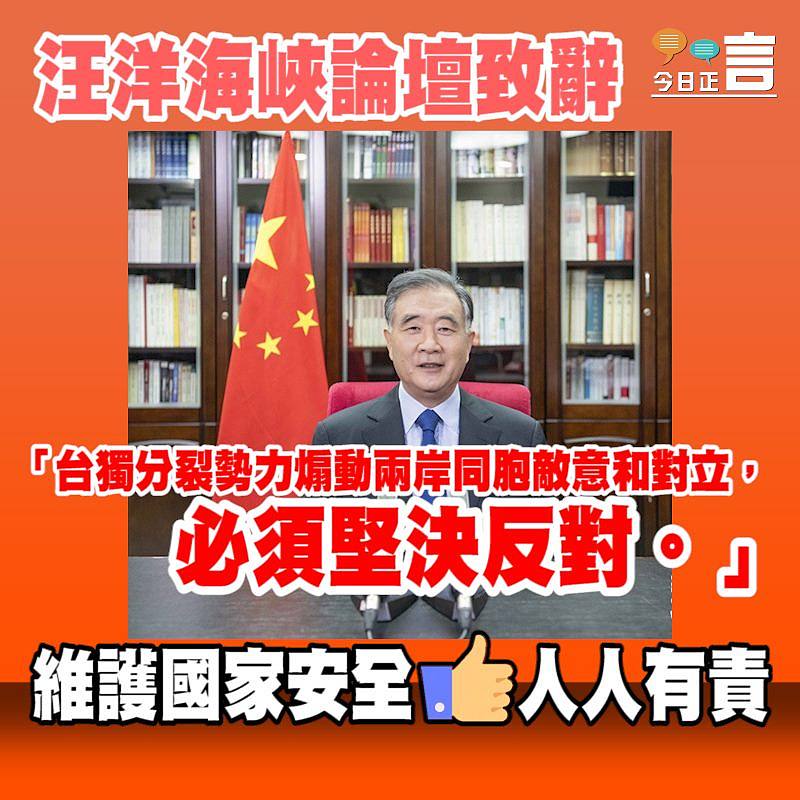 汪洋：台獨分裂勢力煽動兩岸同胞敵意和對立必須堅決反對