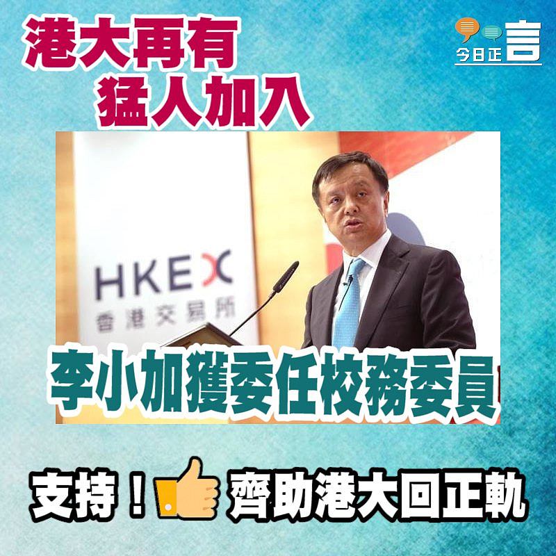 港大再有猛人加入 李小加獲委任校務委員