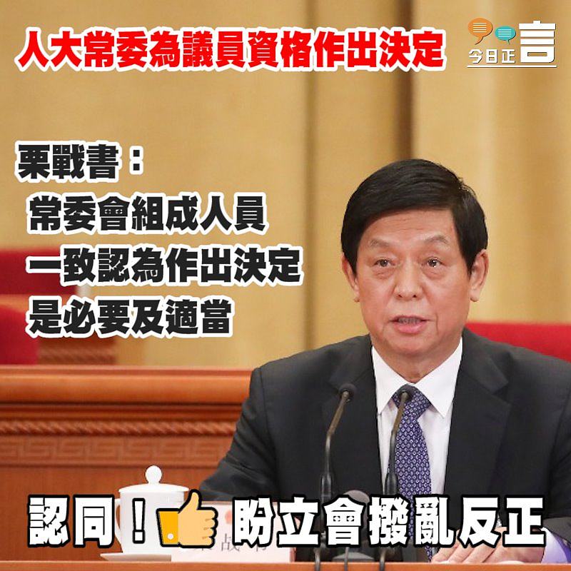 人大常委為議員資格作出決定 栗戰書：常委會組成人員一致認為作出決定是必要及適當