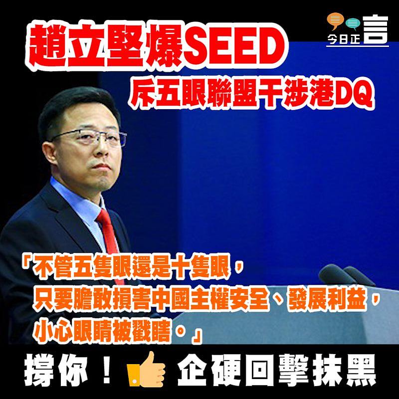 趙立堅爆SEED斥五眼聯盟干涉港DQ：小心眼睛被戳瞎