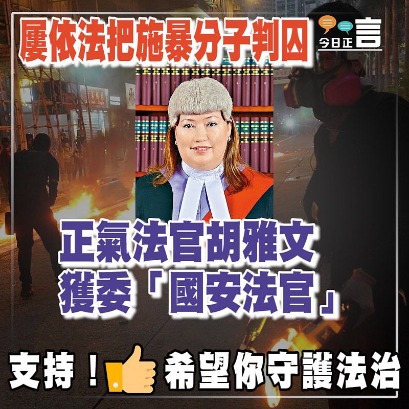 屢依法把「黑暴」分子判囚 正氣法官胡雅文獲委「國安法官」