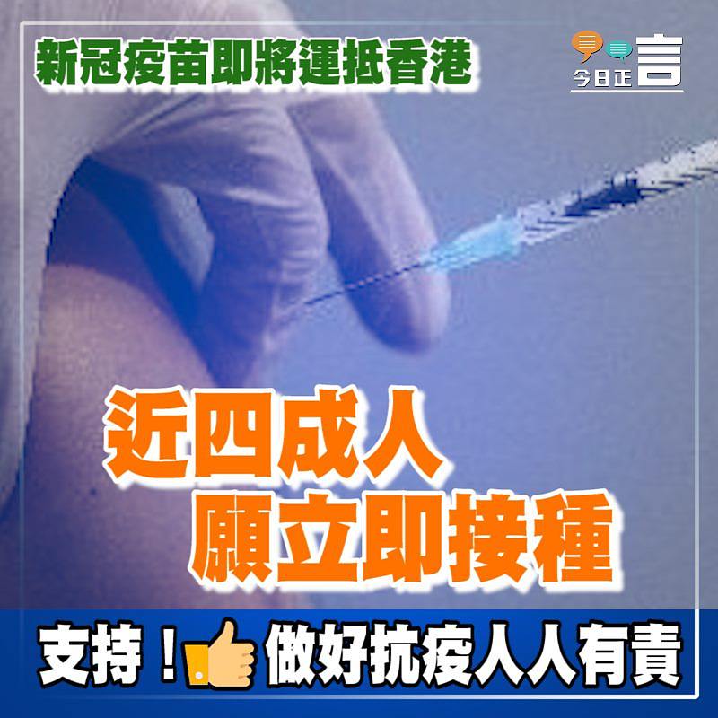 新冠疫苗即將運抵香港 近四成人願立即接種
