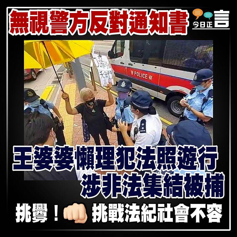 無視警方反對通知書　王婆婆懶理犯法照遊行涉非法集結被捕