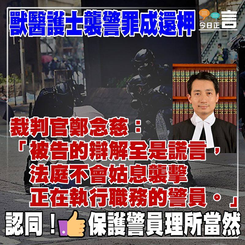 獸醫護士襲警罪成還柙 裁判官鄭念慈：法庭不會姑息襲擊正在執行職務的警員