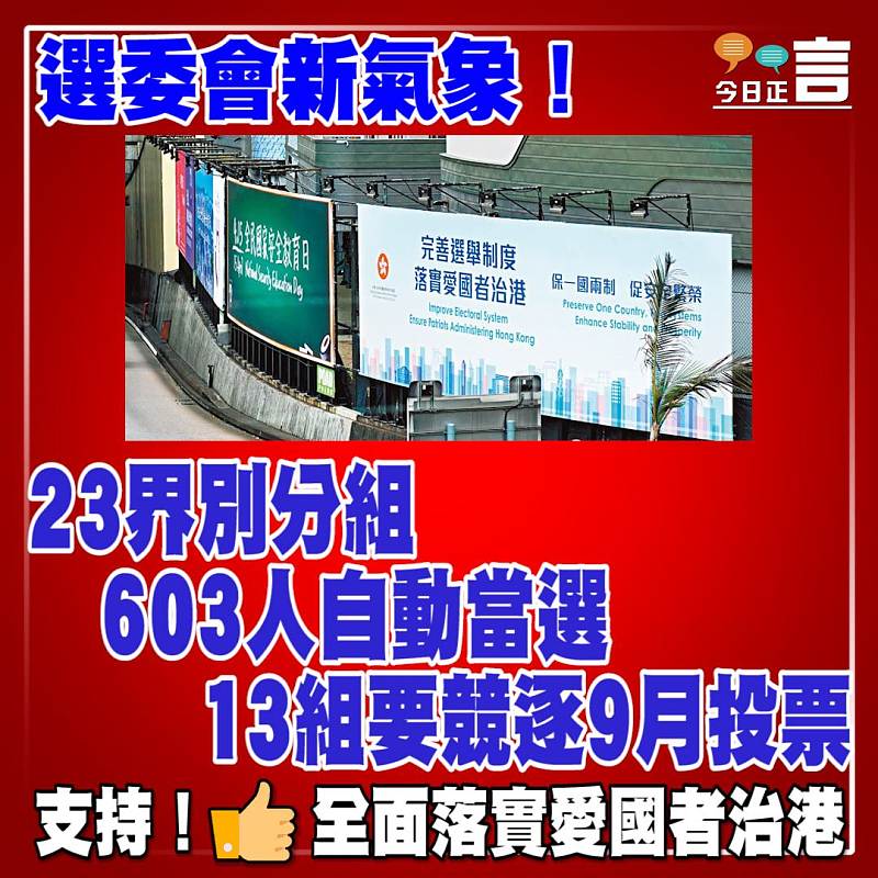 選委會新氣象！23界別分組603人自動當選 13組要競逐9月投票