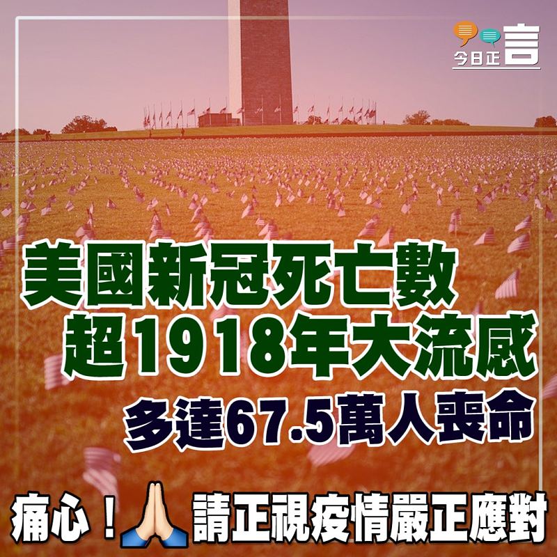 多達67.5萬人喪命！美國新冠死亡數超1918年大流感