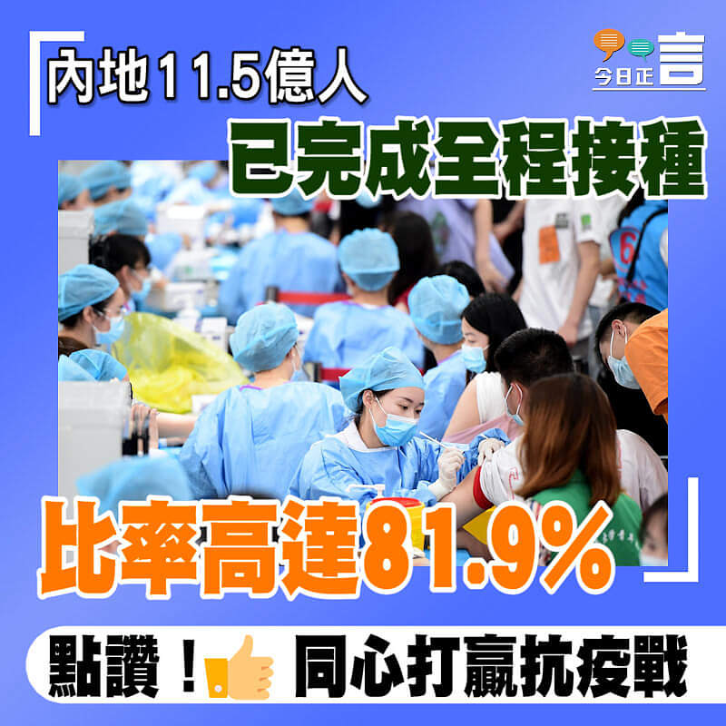 內地11.5億人已完成全程接種 比率高達81.9%