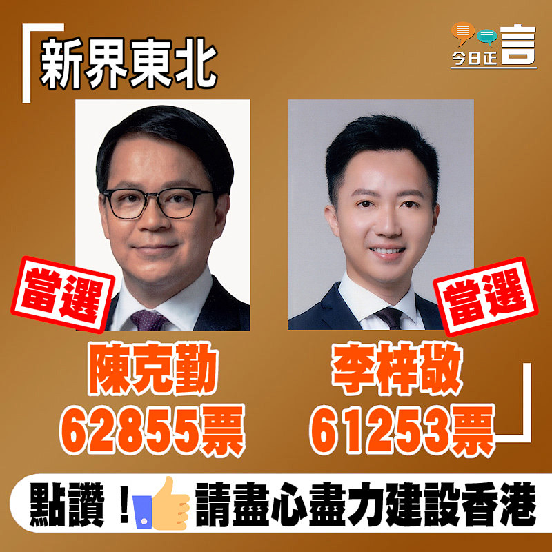 地區戰果速遞─新界東北陳克勤李梓敬當選