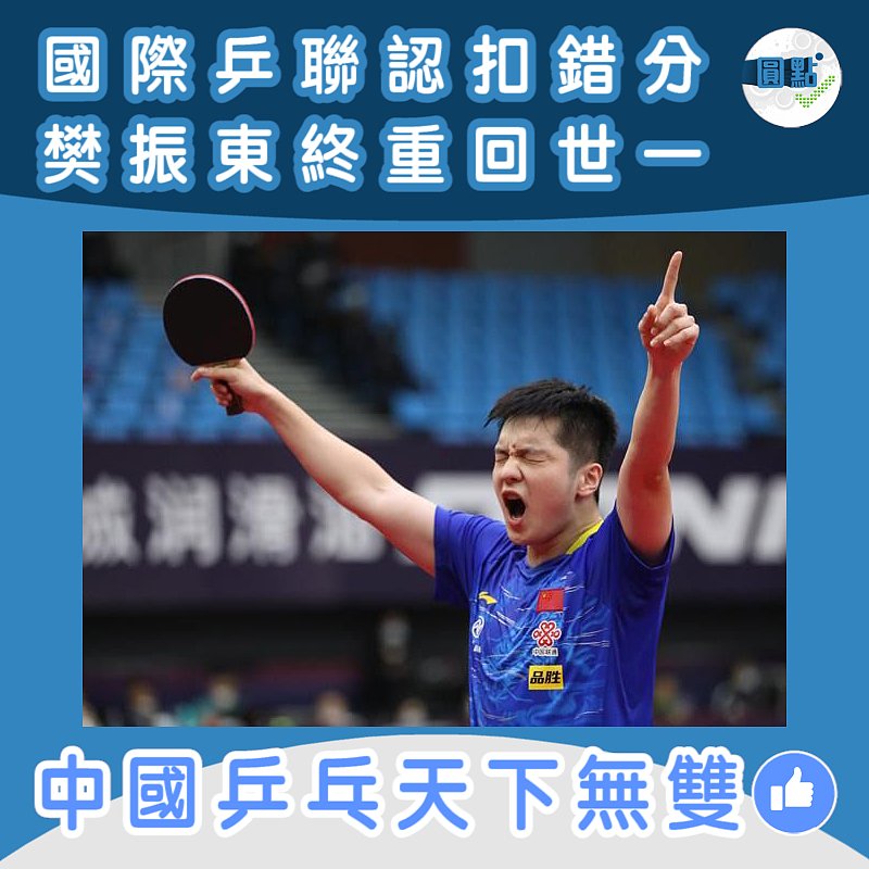 樊振東積分恢復 重回男單世一寶座