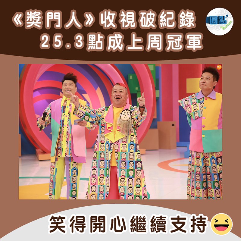 《獎門人》收視破紀錄 25.3點成上周冠軍