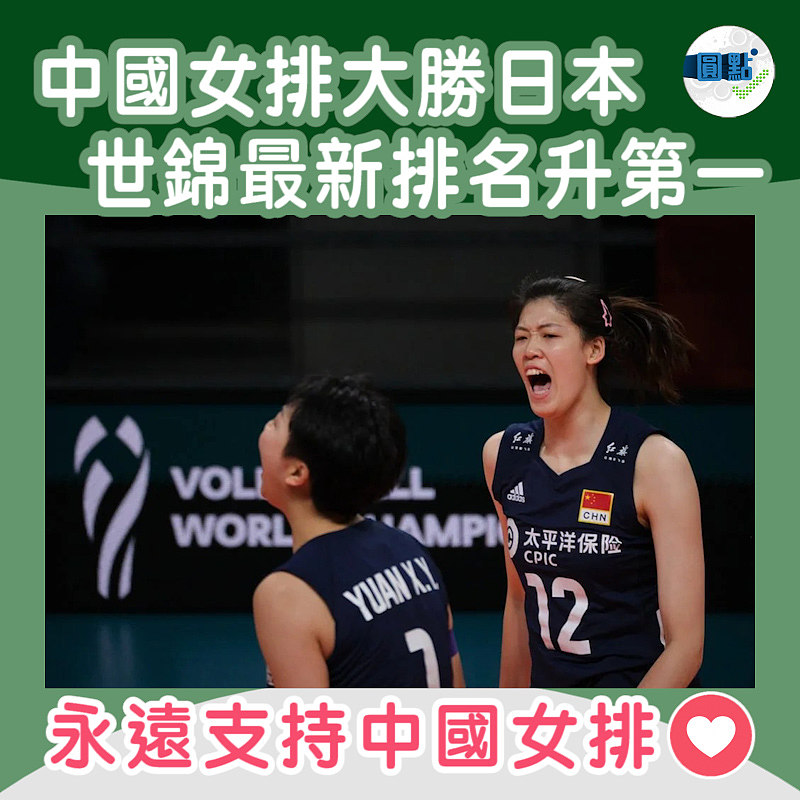 中國女排大勝日本 世錦最新排名升第一