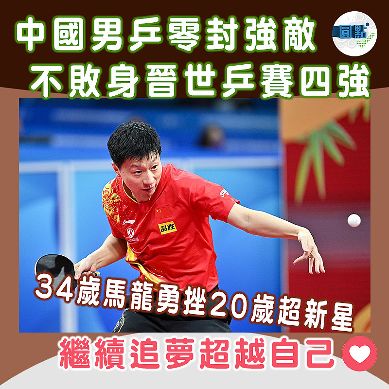 中國男乒零封強敵 不敗身晉世乒賽四強