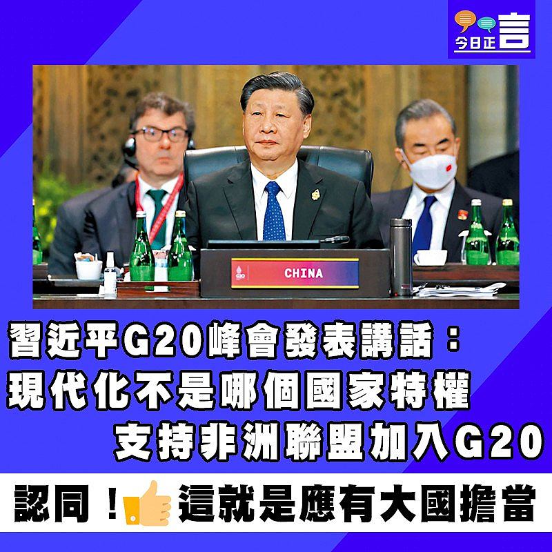 習近平G20峰會發表講話：現代化不是哪個國家特權 支持非洲聯盟加入G20