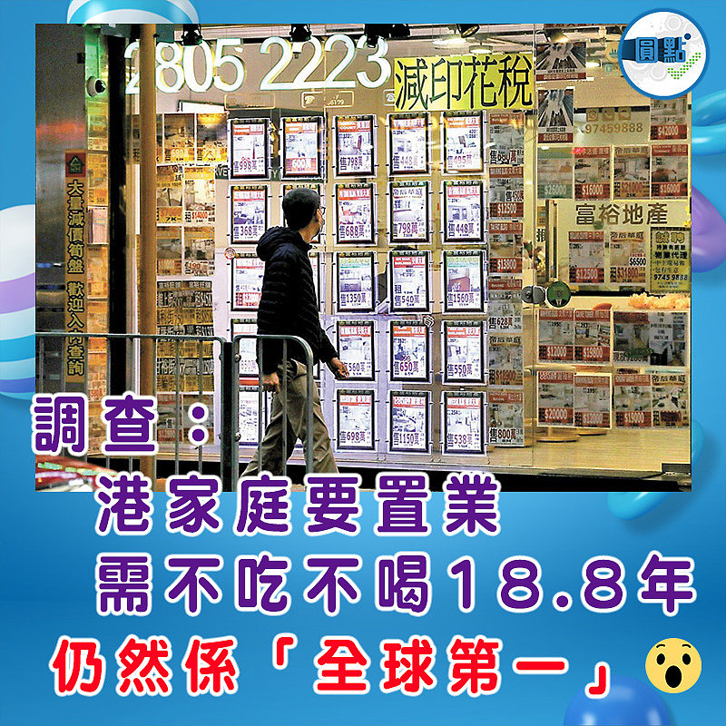 調查：港家庭要置業 需不吃不喝18.8年