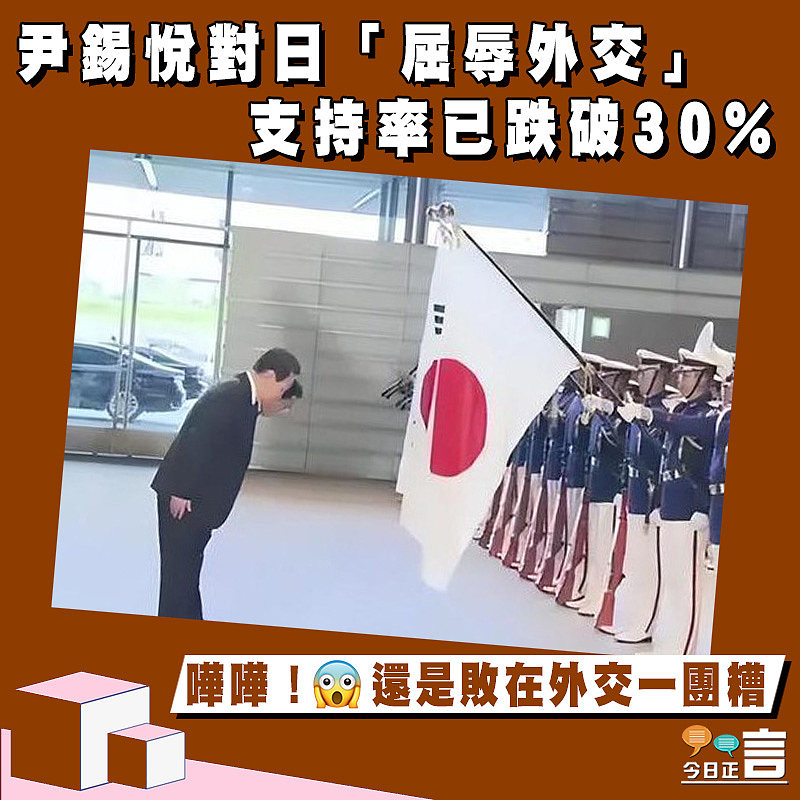 尹錫悅對日「屈辱外交」 支持率已跌破30%