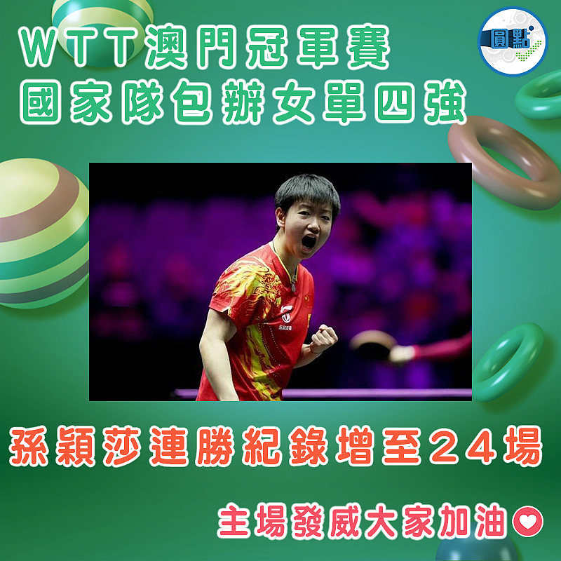 WTT澳門冠軍賽國家隊包辦女單四強 孫穎莎連勝紀錄增至24場