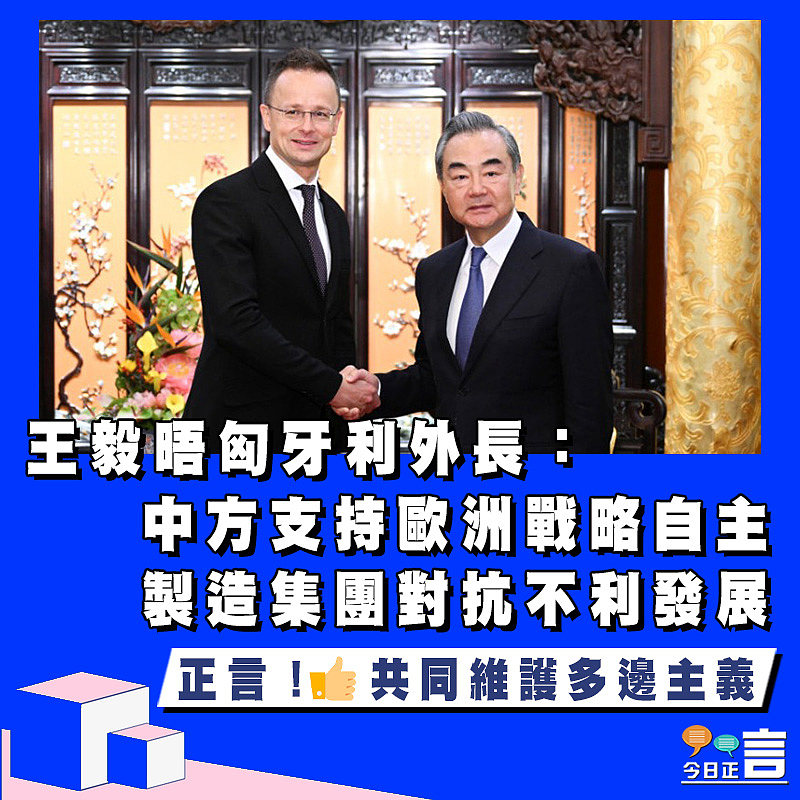 王毅晤匈牙利外長：中方支持歐洲戰略自主　製造集團對抗不利發展