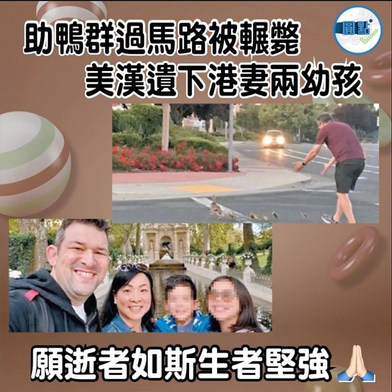 助鴨群過馬路被輾斃 美漢遺下港妻兩幼孩