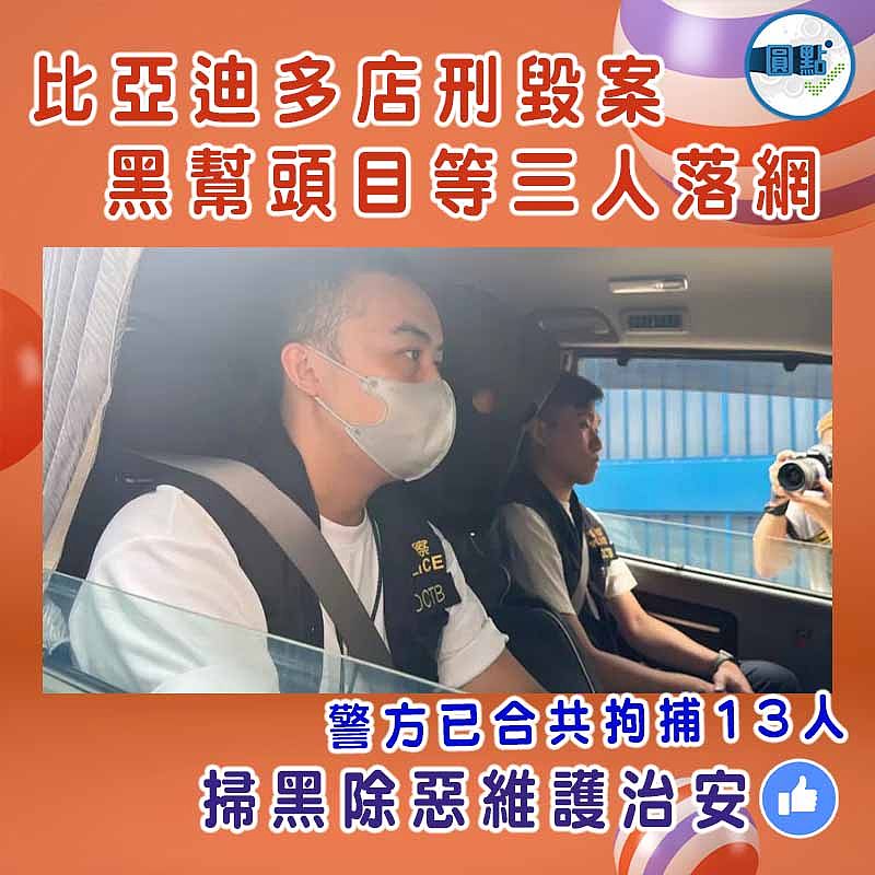 比亞迪多店刑毀案  黑幫頭目等三人落網