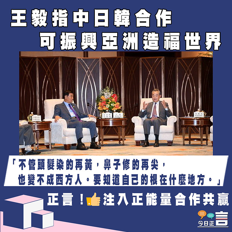 王毅指中日韓合作可振興亞洲造福世界：「不管頭髮染的再黃也變不成西方人」