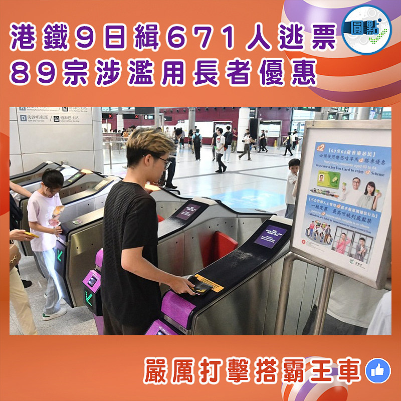 港鐵9日緝671人逃票   89宗涉濫用長者優惠