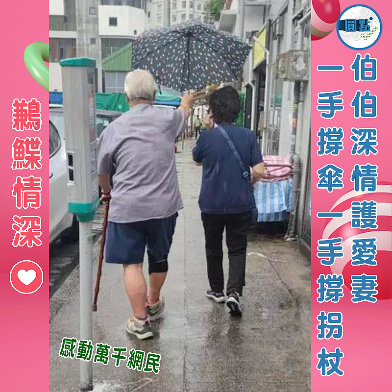 伯伯深情護愛妻  一手撐傘一手撐拐杖
