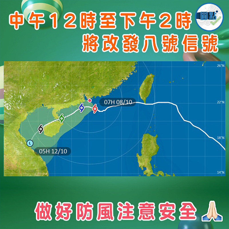 中午12時至下午2時  將改發八號信號