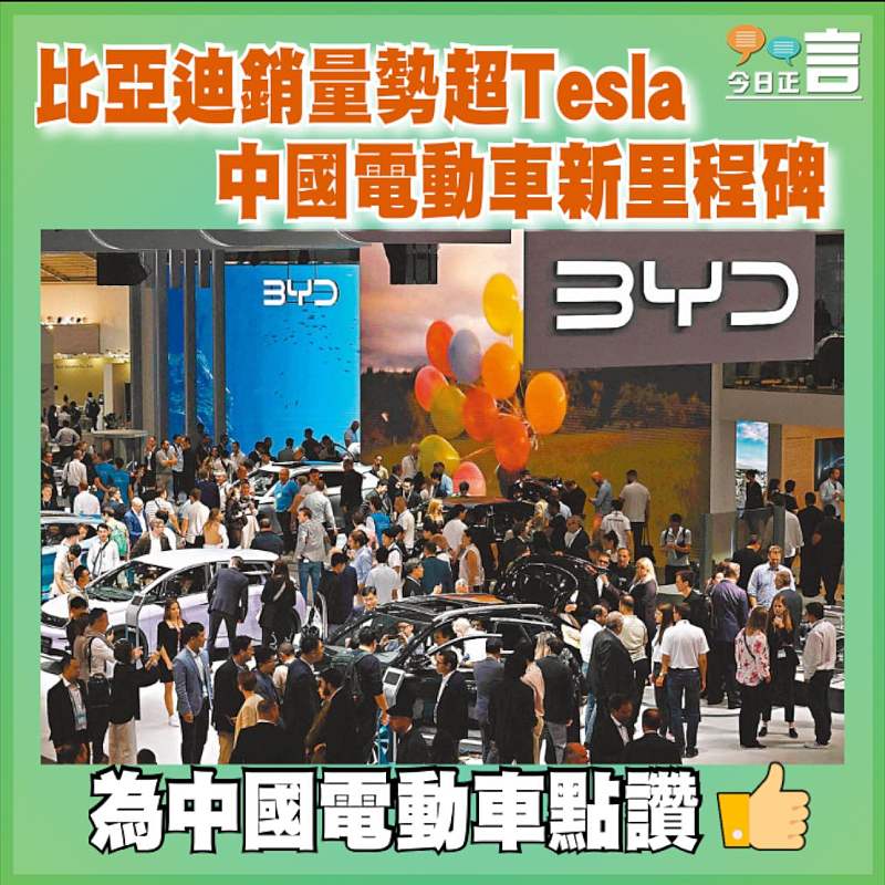 比亞迪銷量勢超Tesla 中國電動車新里程碑