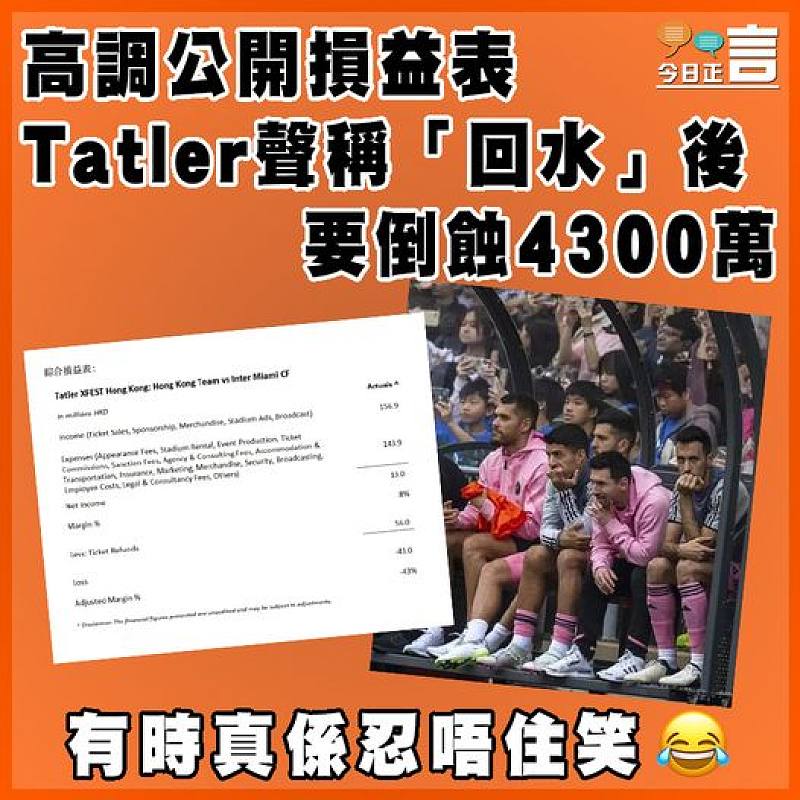 高調公開損益表 Tatler聲稱「回水」後要倒蝕4300萬