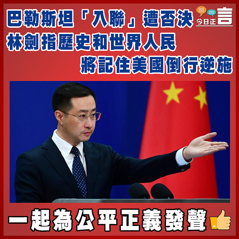 巴勒斯坦「入聯」遭否決  林劍指歷史和世界人民將記住美國倒行逆施