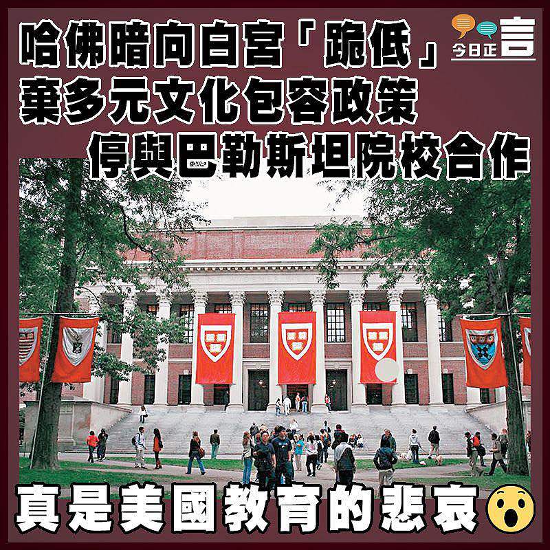 哈佛暗向白宮「跪低」 棄多元文化包容政策　 停與巴勒斯坦院校合作