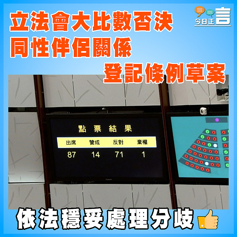 立法會大比數否決同性伴侶關係登記條例草案