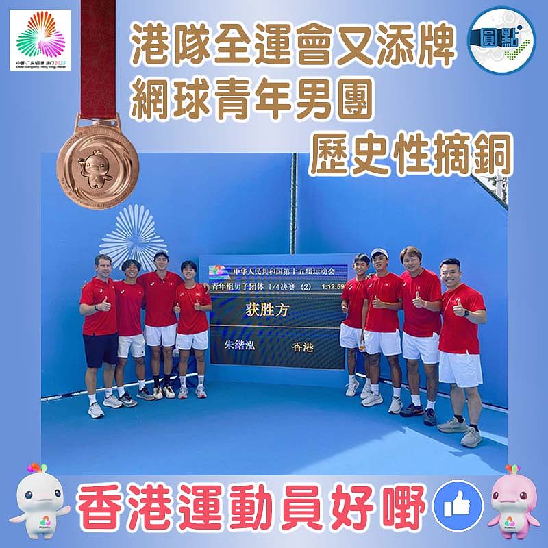 港隊全運會又添牌  網球青年男團歷史性摘銅
