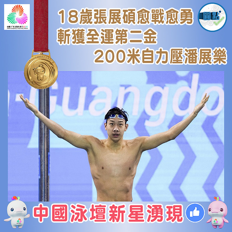 18歲張展碩愈戰愈勇斬獲全運第二金  200米自力壓潘展樂