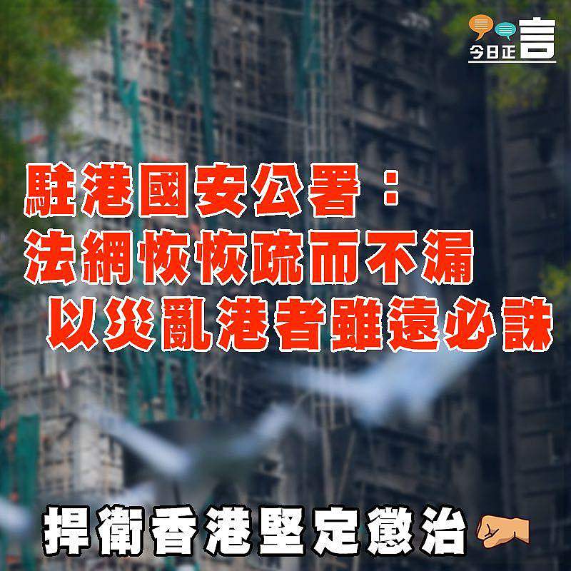 駐港國安公署：法網恢恢疏而不漏 以災亂港者雖遠必誅
