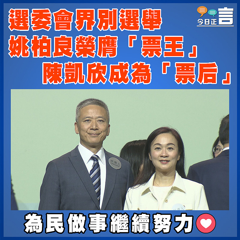 選委會界別選舉 姚柏良榮膺「票王」　 陳凱欣成為「票后」