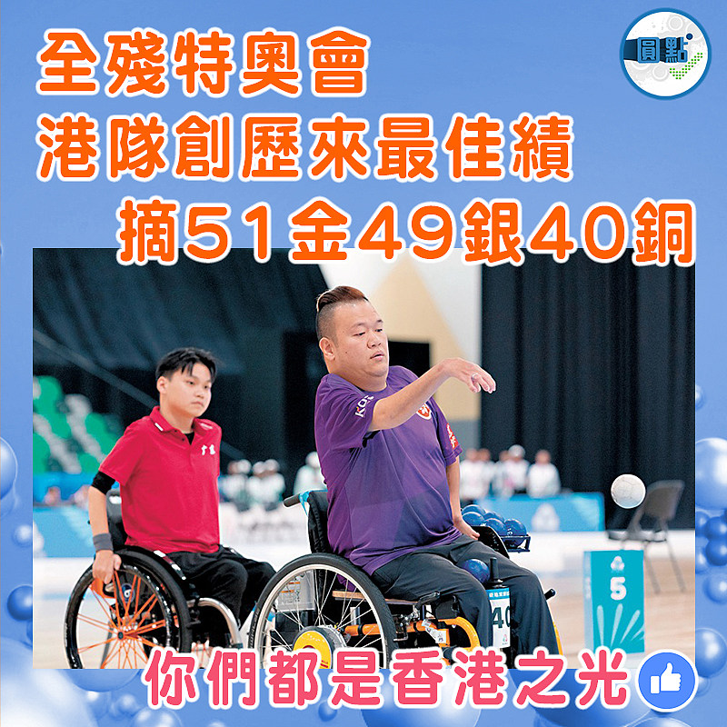 全殘特奧會 港隊創歷來最佳績  摘51金49銀40銅