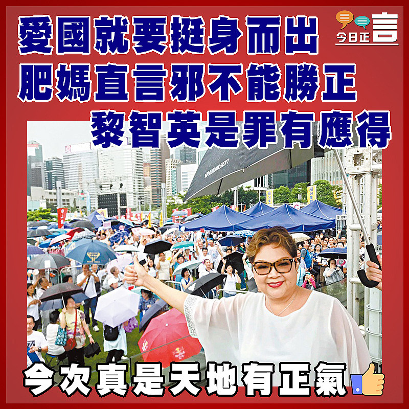 愛國就要挺身而出  肥媽直言邪不能勝正  黎智英是罪有應得