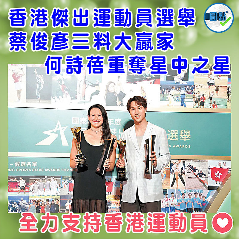 香港傑出運動員選舉  蔡俊彥三料大贏家   何詩蓓重奪星中之星