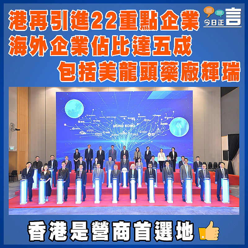港再引進22重點企業  海外企業佔比達五成 包括美龍頭藥廠輝瑞