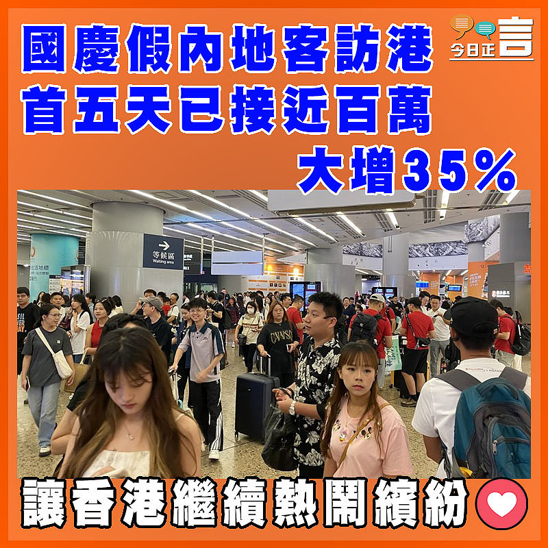 國慶假內地客訪港首五天已接近百萬   大增35%