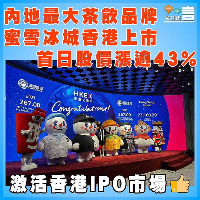 內地最大茶飲品牌蜜雪冰城香港上市 首日股價漲逾43%