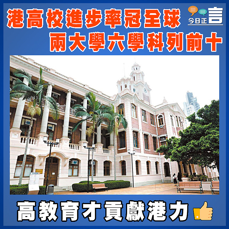 港高校進步率冠全球 兩大學六學科列前十