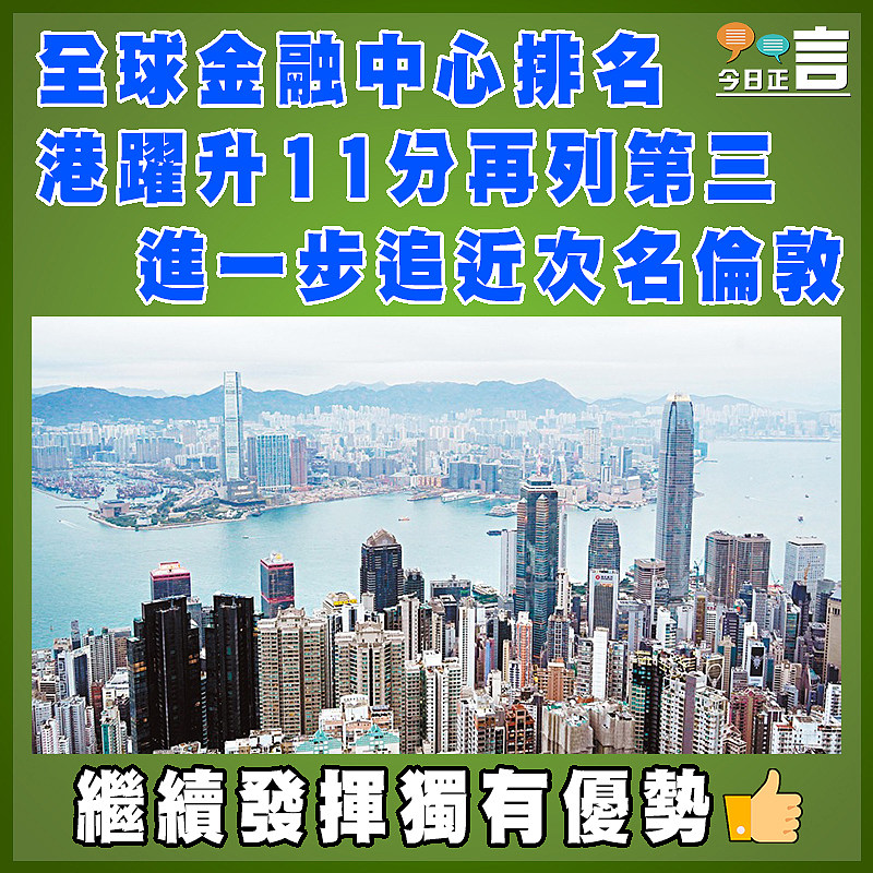 全球金融中心排名  港躍升11分再列第三